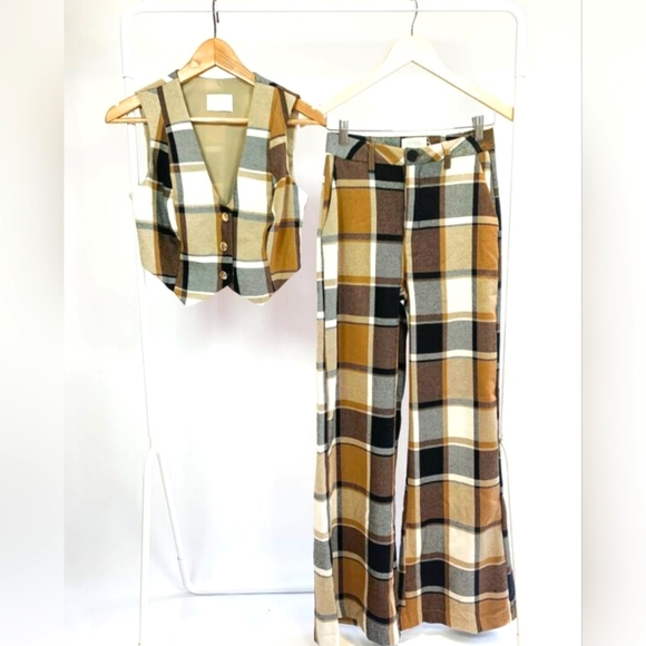 2 Piece Coffee Brown Plaid Cropped Trouser Pants & Vest Matching Set - Picture 2 of 16